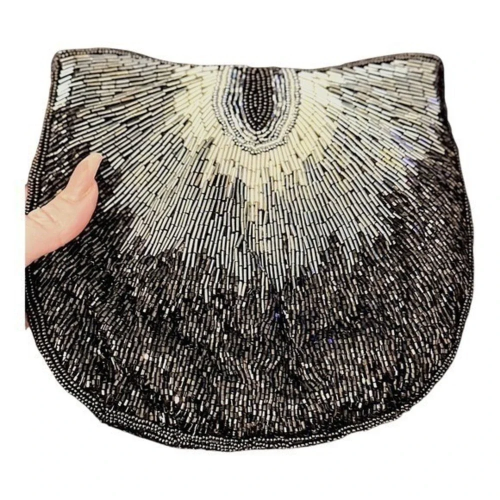 Vintage‎ Beaded Evening Bag OS Black Silver Gold Art Deco Sunburst Clutch